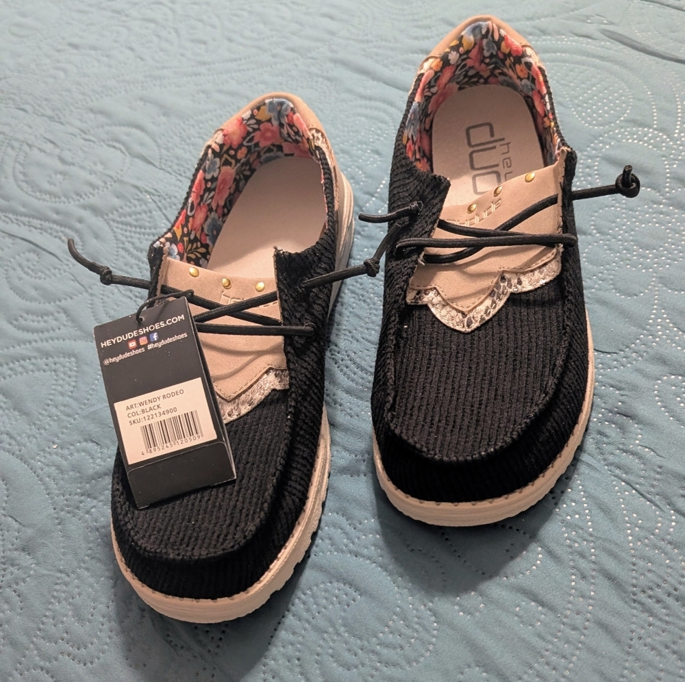 Hey Dude Black Corduroy Rodeo Casual Lace-Up Shoes with Floral Lining